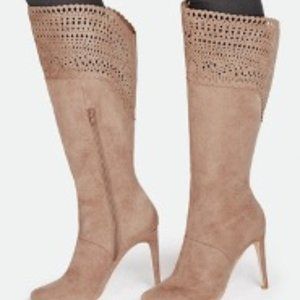 Berllina Knee High Boots Taupe Faux Suede JustFab Size 8.5